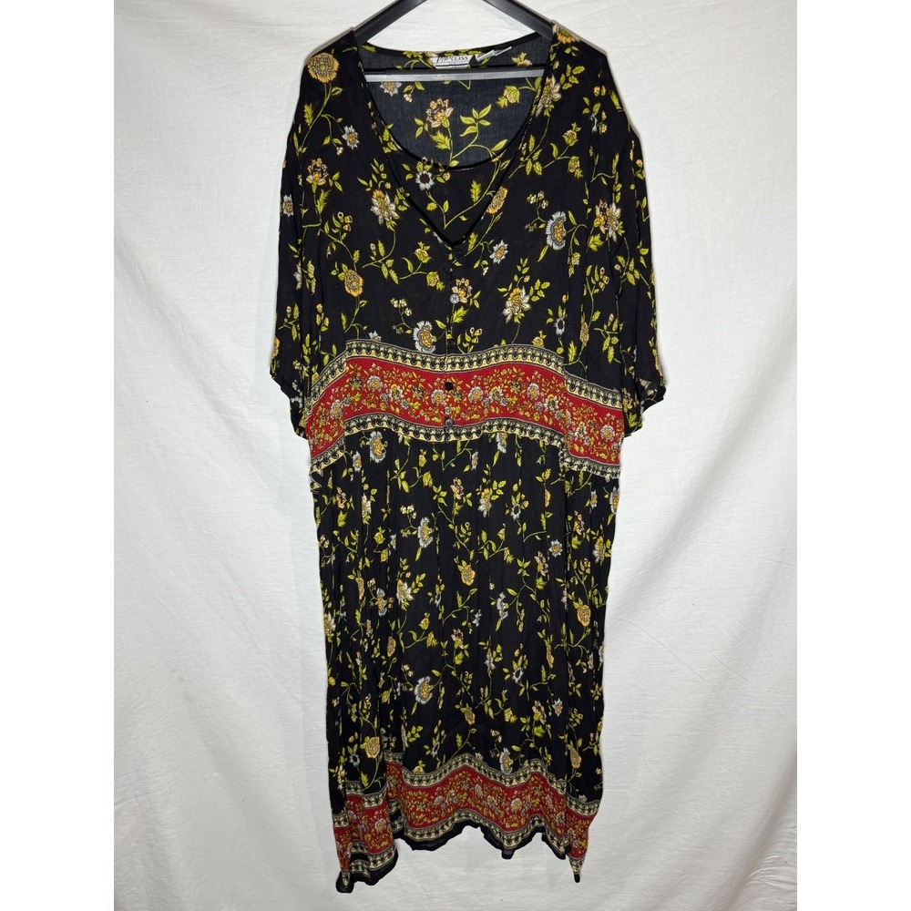 Just Class Vintage Floral Rayon‎ Midi Dress Black Red Plus Size 32W Boho 90s